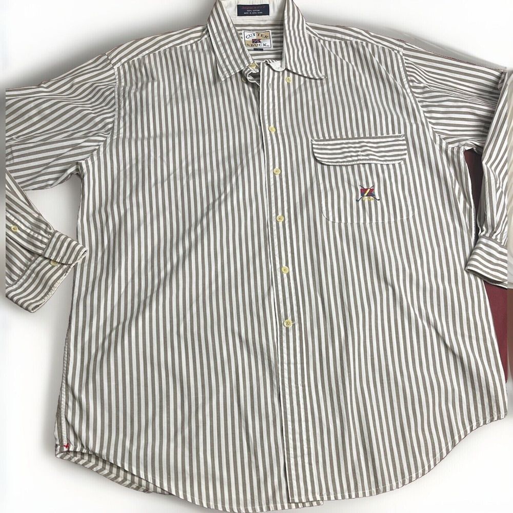cutter & buck mens classic button up shirt cream, & beige Stripes(L)
